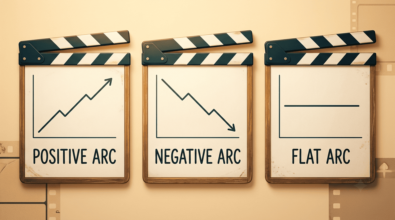 Three film-slate panels showing a rising positive arc, a falling negative arc, and a flat arc line