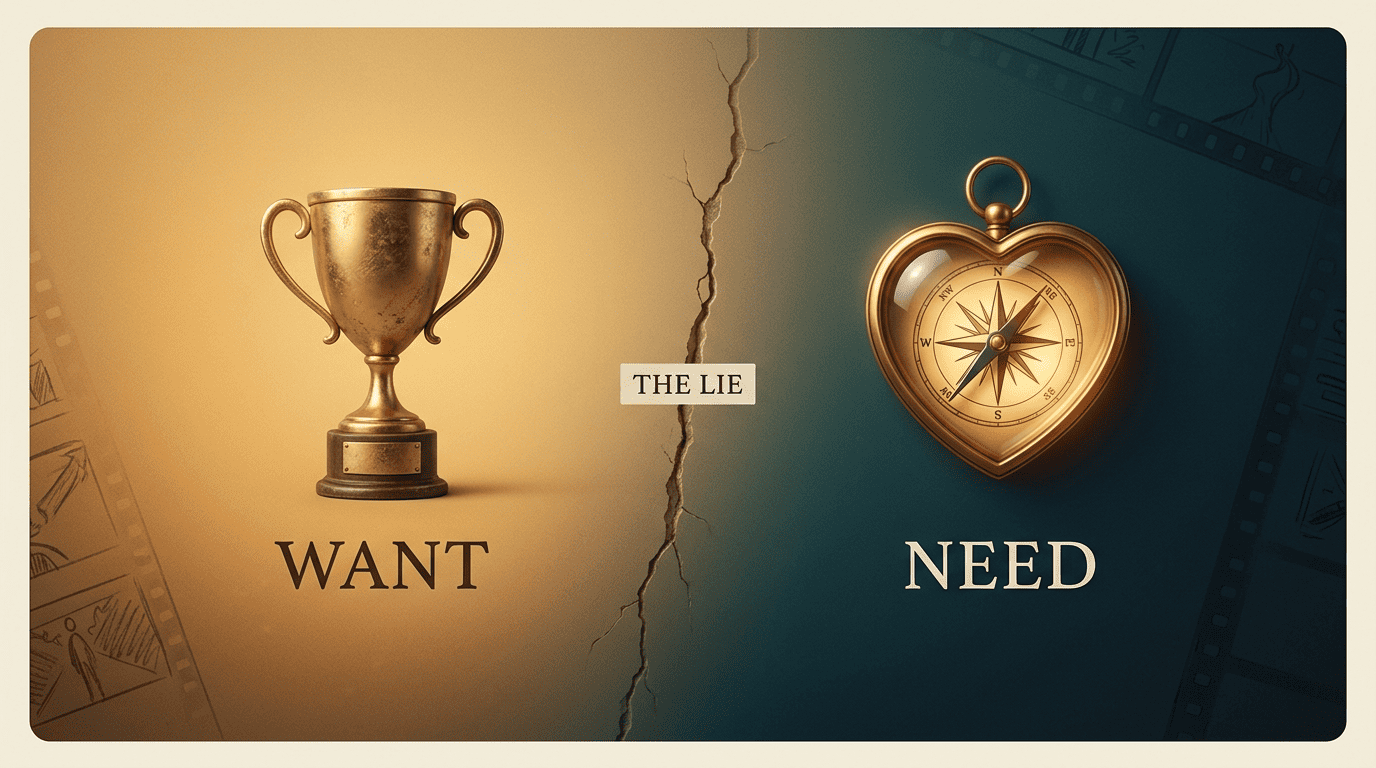 A split diagram contrasting a trophy labeled Want with a compass-heart labeled Need, split by a crack labeled The Lie