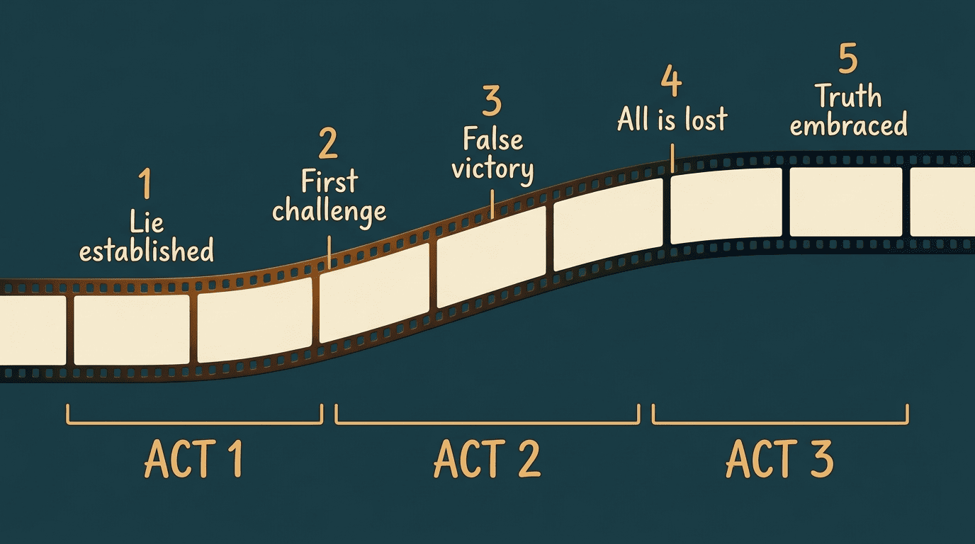 A film-strip timeline placing five arc beats across Act 1, Act 2, and Act 3