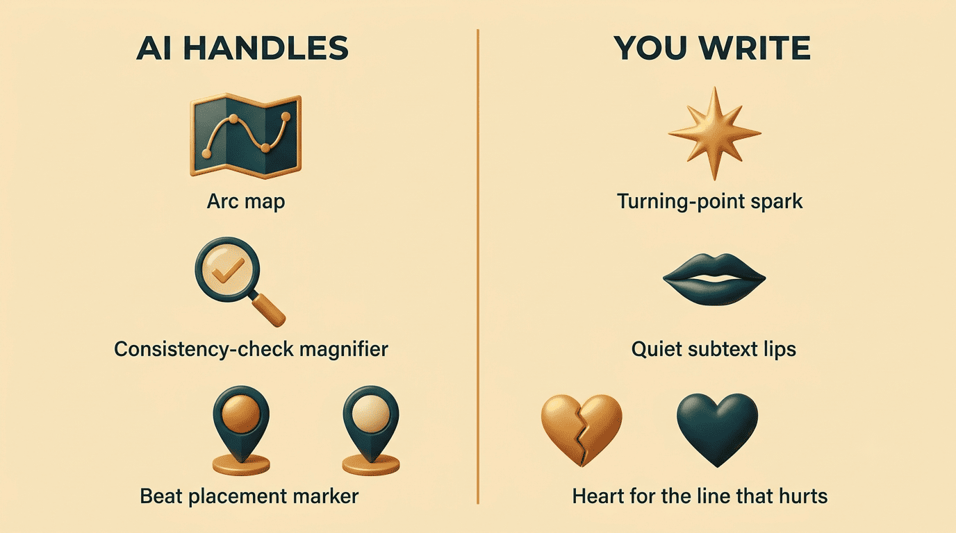 A two-column split: AI handles arc maps, consistency checks and beat placement; you write the turning point, subtext and the line that hurts