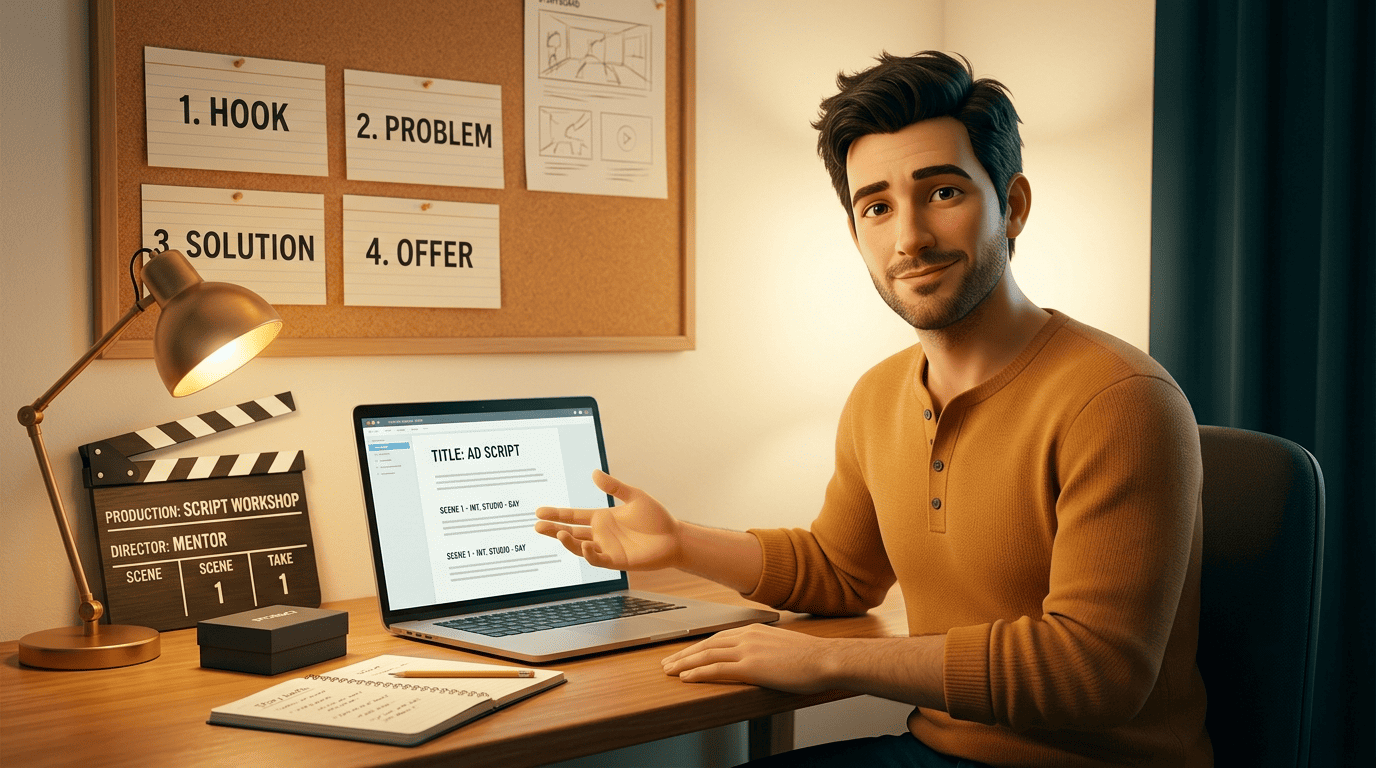 Screenwriting mentor at a cinematic desk showing an ad-script editor on a laptop