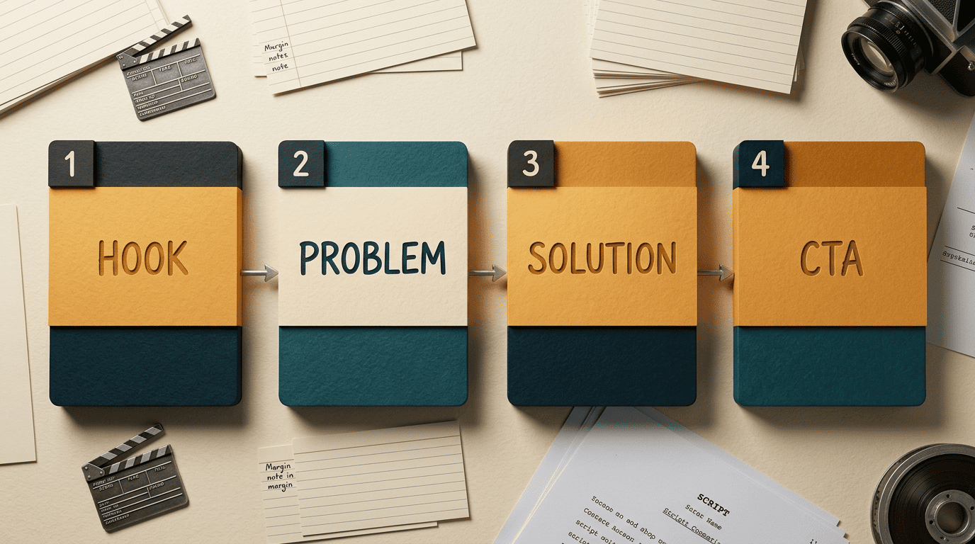 Four-card diagram: hook, problem, solution, CTA connected by arrows