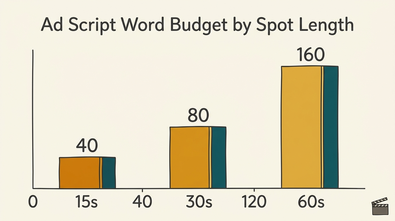 Bar chart of ad-script word budgets: 40 words for 15s, 80 for 30s, 160 for 60s