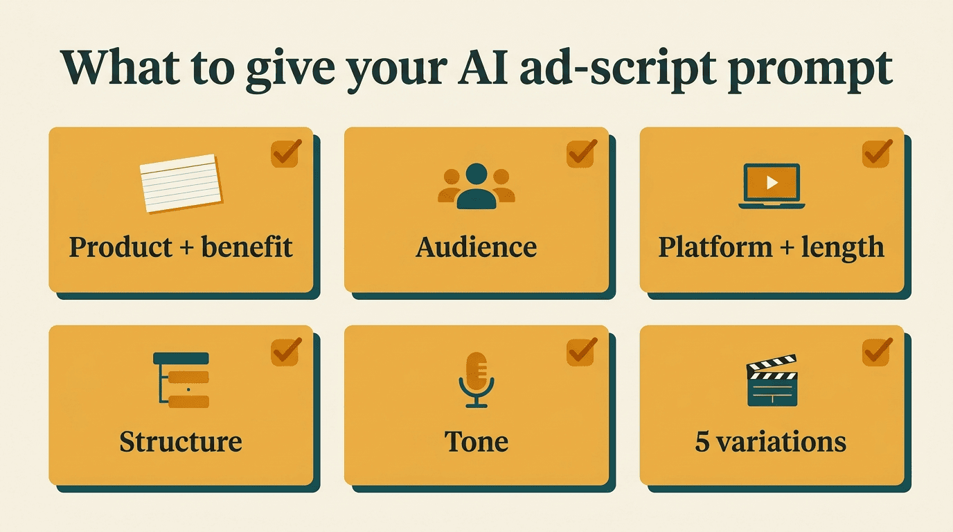 Checklist grid of six inputs for an AI ad-script prompt