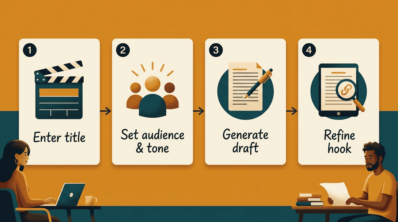 Four-step AI script writer workflow: enter title, set audience and tone, generate draft, refine hook