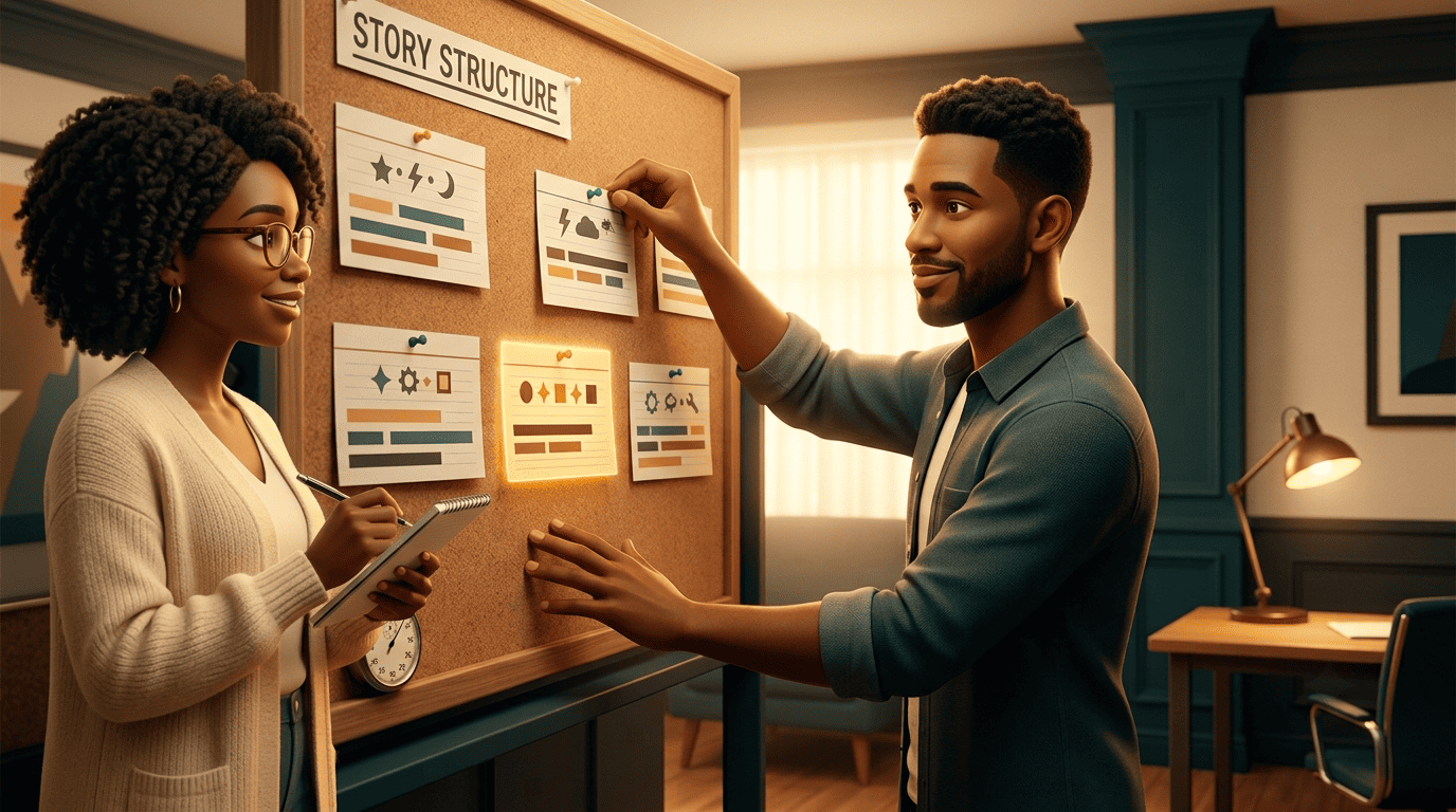 A screenwriter pinning several hook and story-structure cards to a corkboard, one glowing as the chosen hook