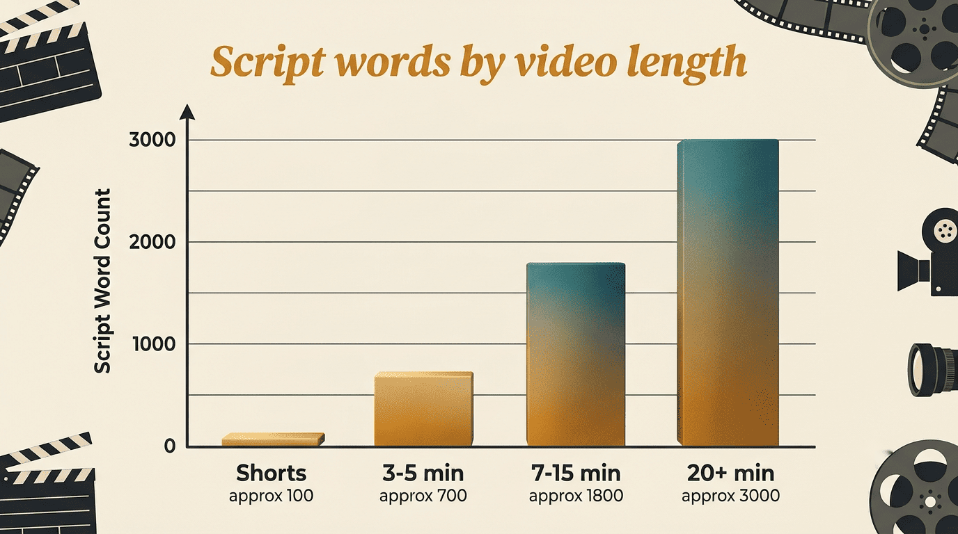 Bar chart of script word count by video length: Shorts about 100, 3-5 minutes about 700, 7-15 minutes about 1800, 20 plus minutes about 3000