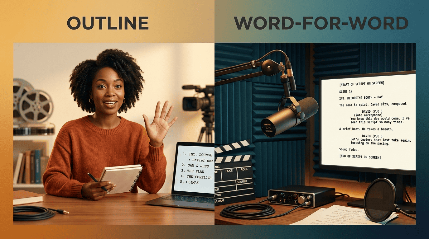Split comparison of recording from a bullet outline versus a full word-for-word voiceover script in a booth