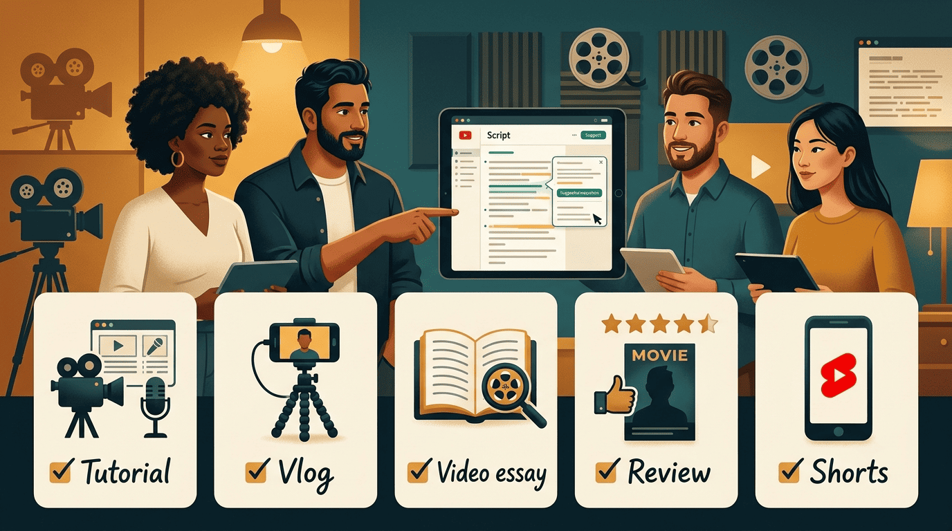 Checklist of five YouTube formats an AI script writer adapts to: tutorial, vlog, video essay, review, and Shorts