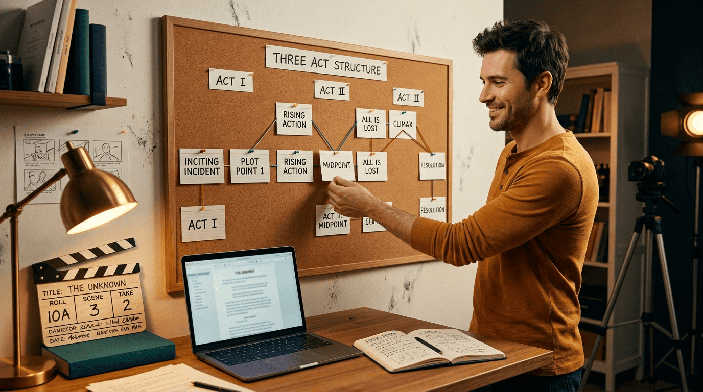 A screenwriting mentor pinning index cards on a corkboard to map a story's three-act spine