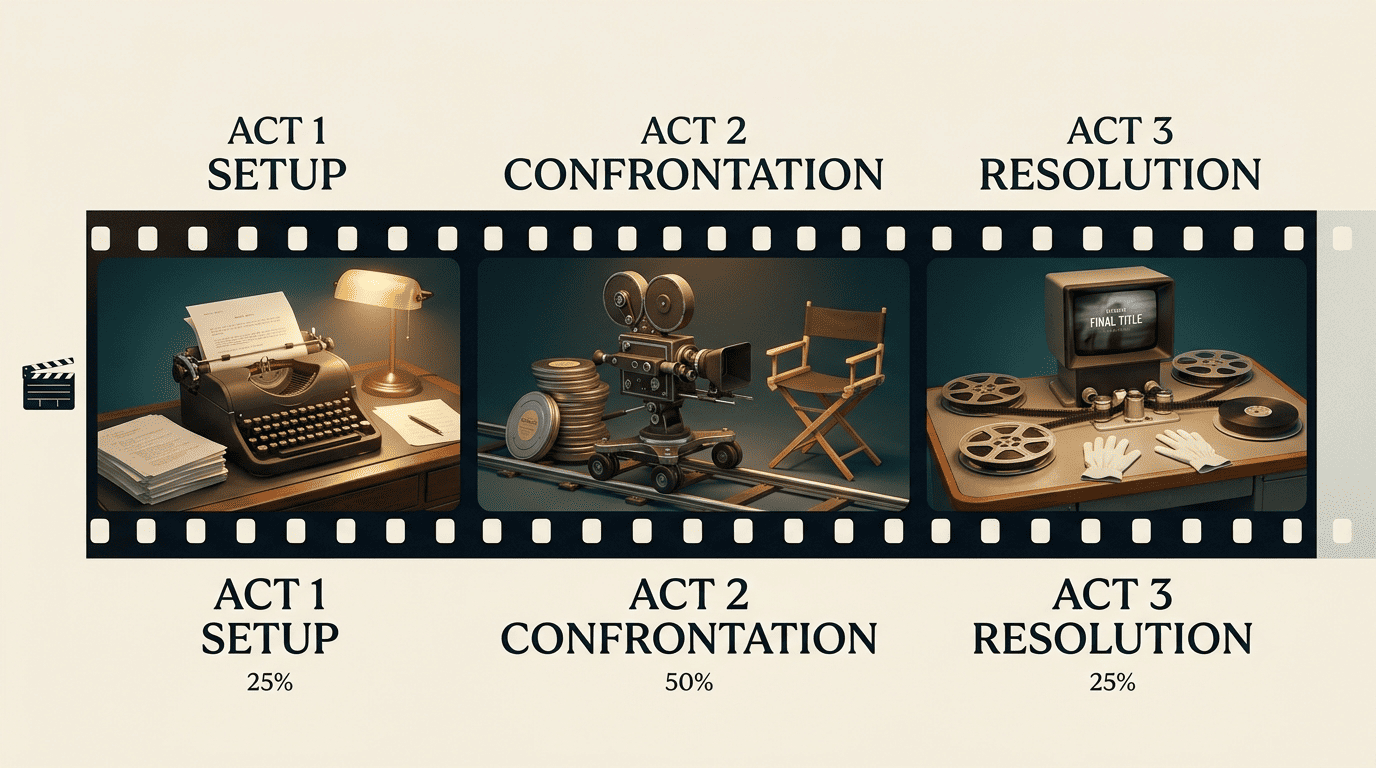 Three-act structure film-strip timeline showing Act 1 Setup 25 percent, Act 2 Confrontation 50 percent, Act 3 Resolution 25 percent
