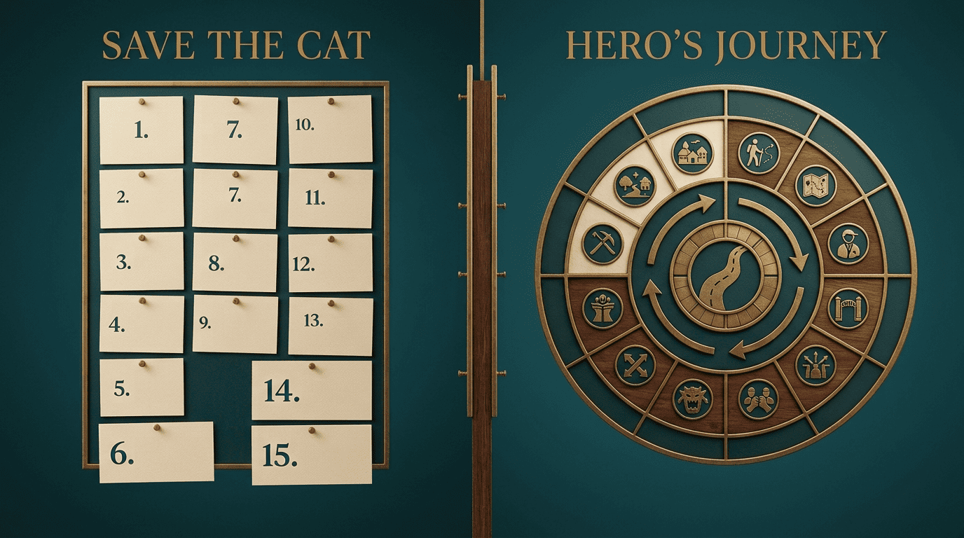 Split comparison of Save the Cat's linear 15-beat sheet and the Hero's Journey's circular 12-stage cycle