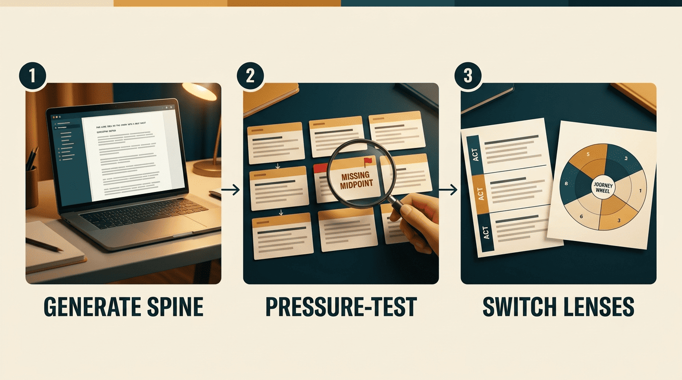 Three-step AI script writer workflow: generate the spine, pressure-test the draft for a missing midpoint, then switch structural lenses