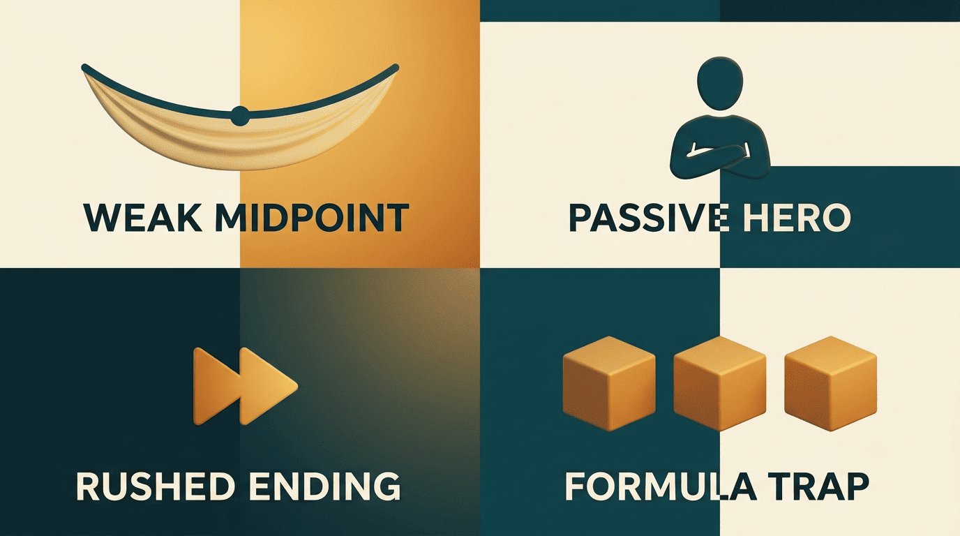 Four common story-structure mistakes: weak midpoint, passive hero, rushed ending, and formula trap