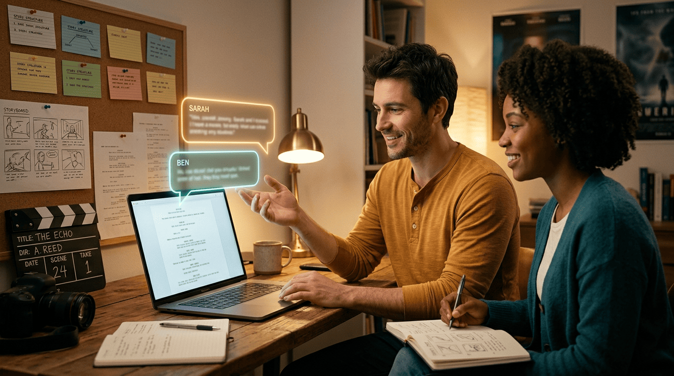 A screenwriter and mentor at a desk with a laptop showing a screenplay, two distinct character speech bubbles above it