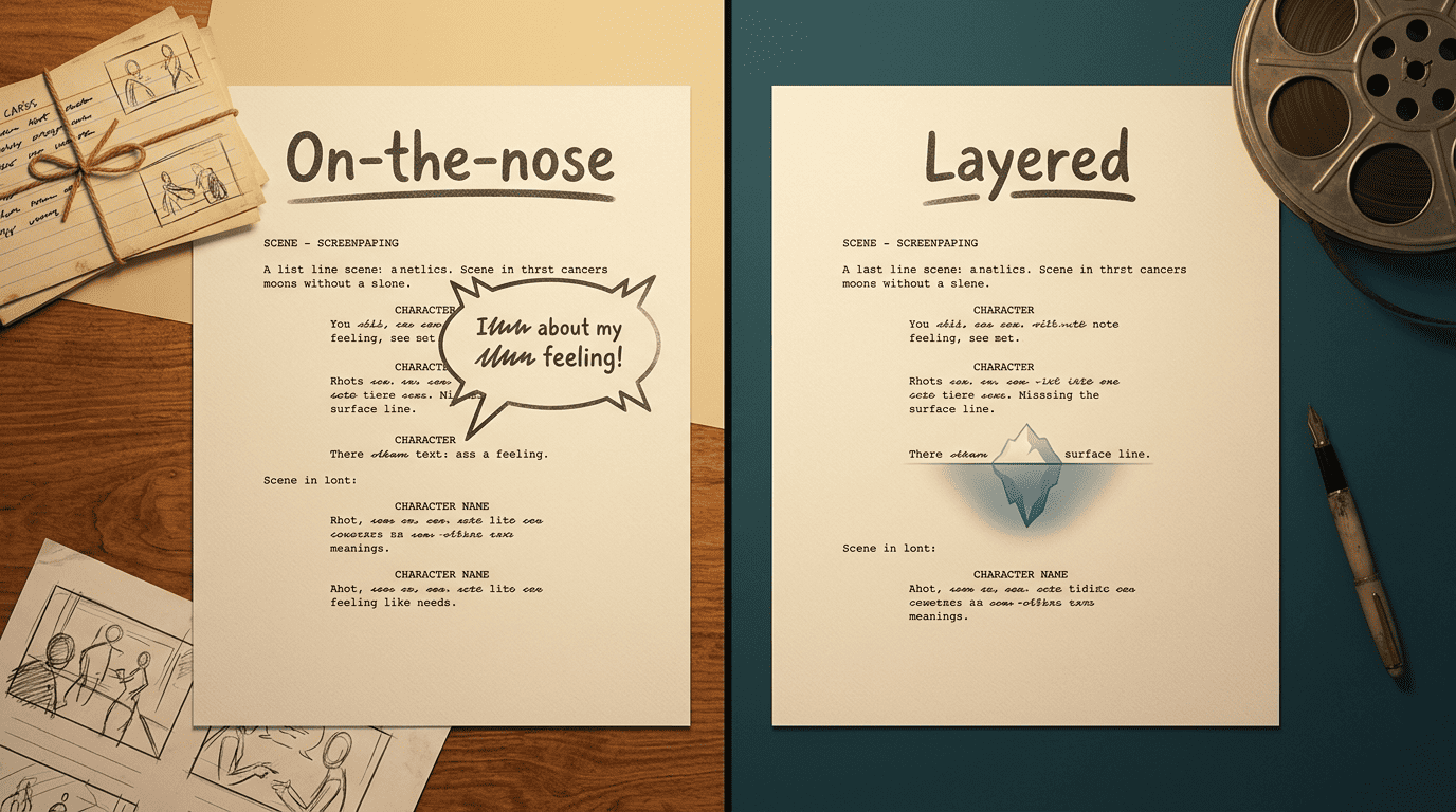 Split-screen comparison of two script pages, one labeled On-the-nose and one labeled Layered with an iceberg icon