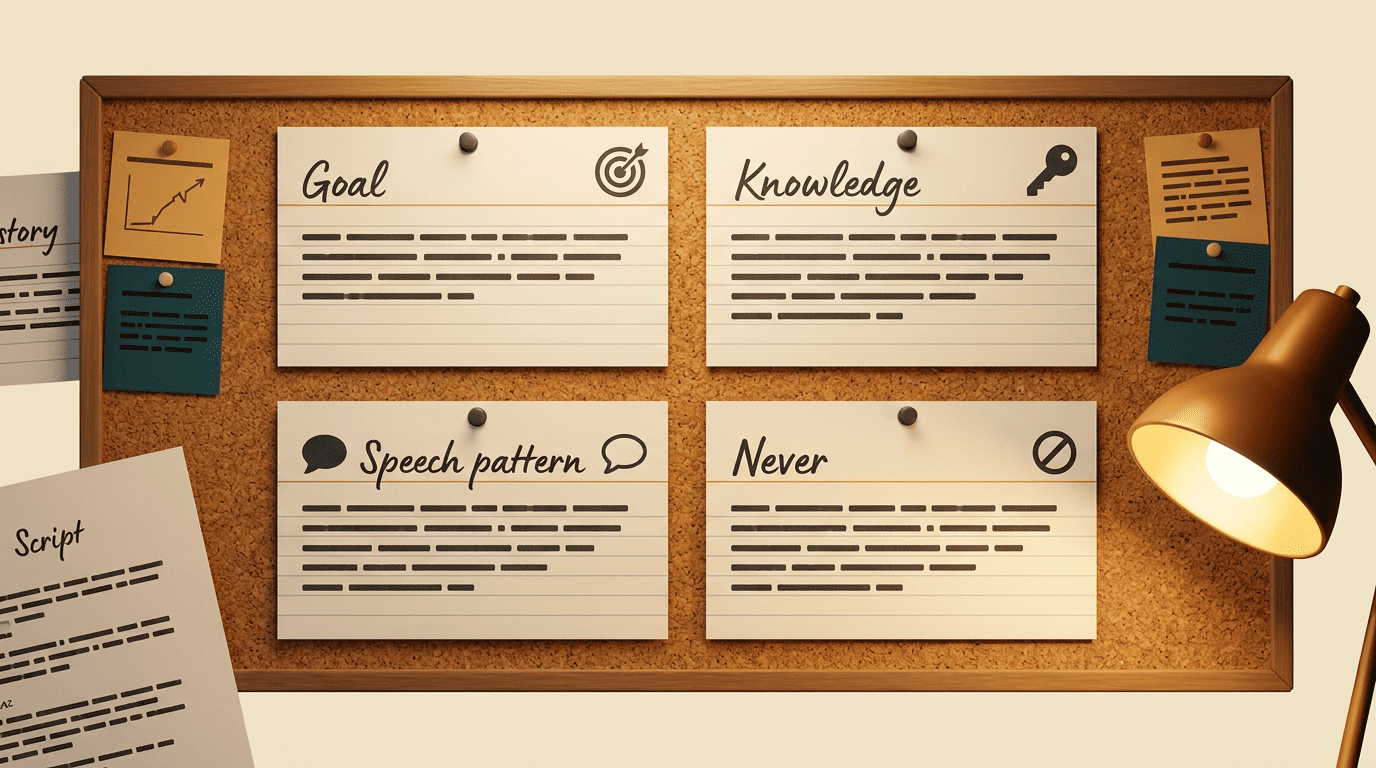 A corkboard with four index cards labeled Goal, Knowledge, Speech pattern, and Never