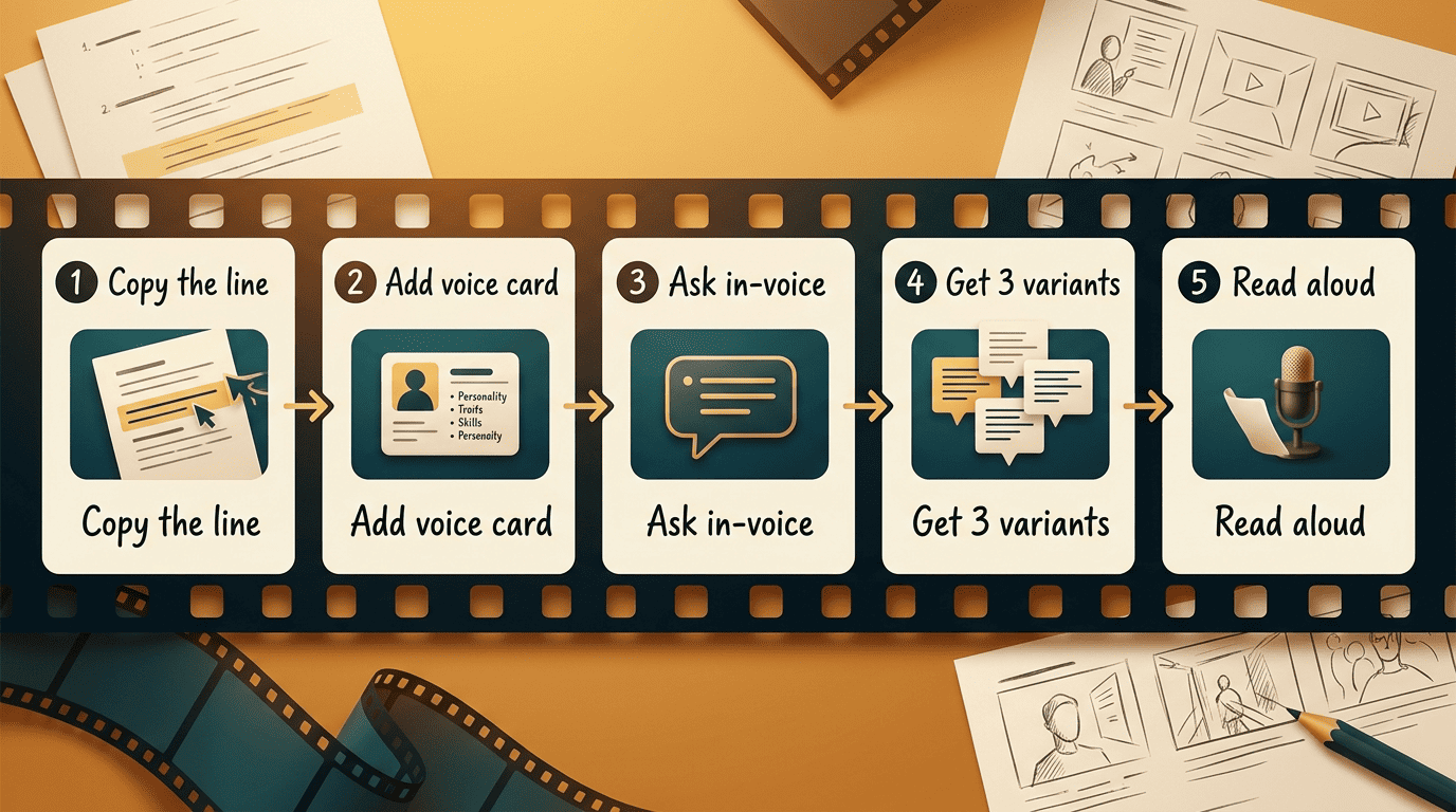 A five-step film-strip flow: copy the line, add voice card, ask in-voice, get three variants, read aloud