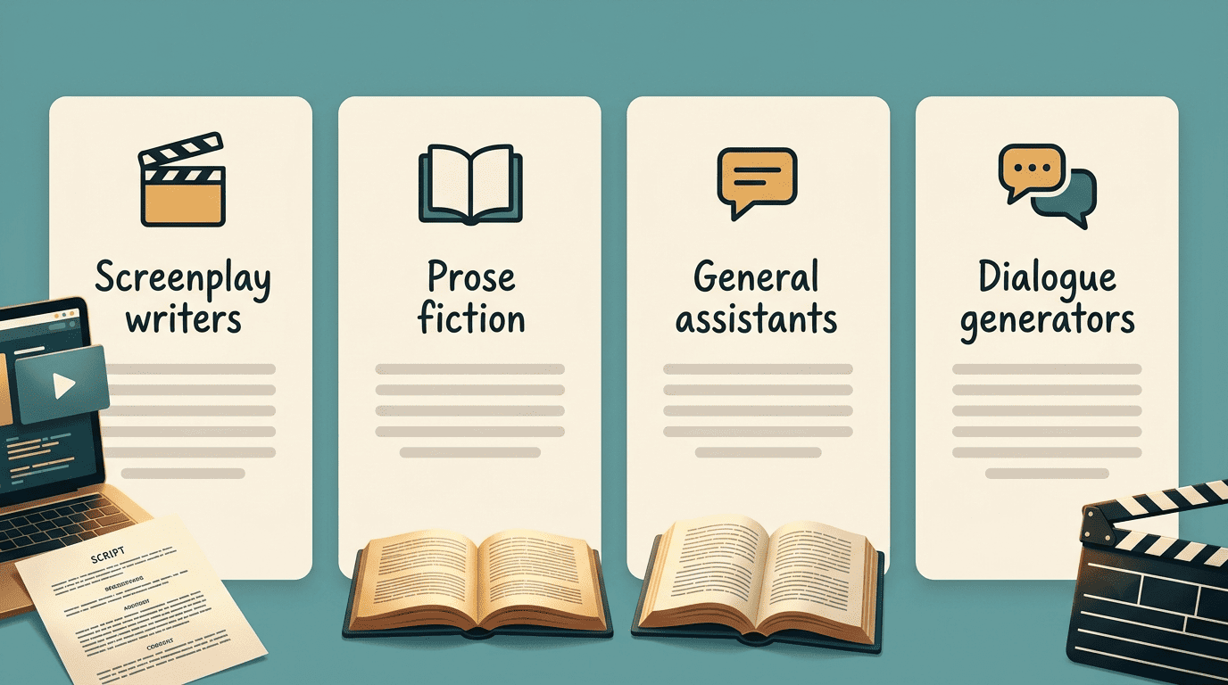 Four labeled cards comparing AI tool types for dialogue: screenplay writers, prose fiction, general assistants, dialogue generators
