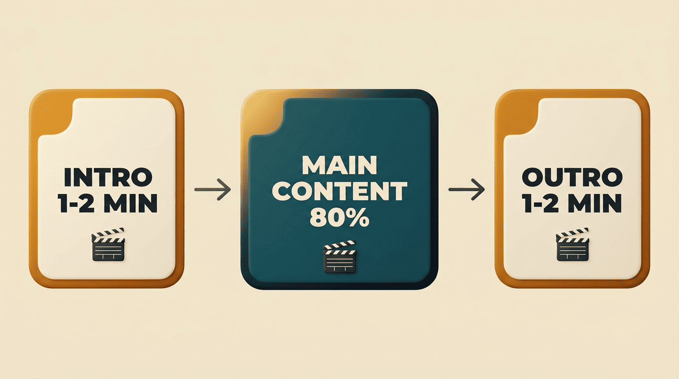 Flow diagram of a podcast episode: intro 1-2 min, main content about 80%, outro 1-2 min