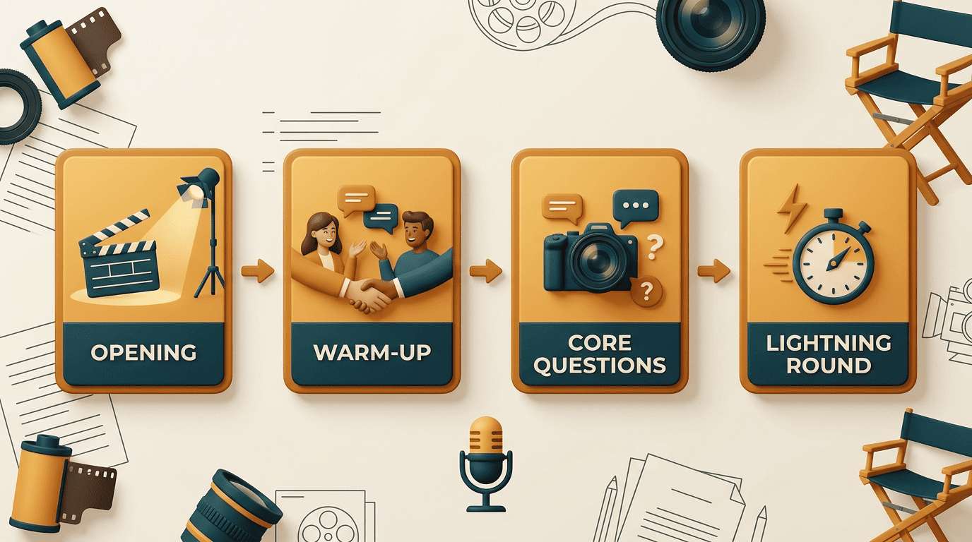 Four-stage interview arc: opening, warm-up, core questions, lightning round
