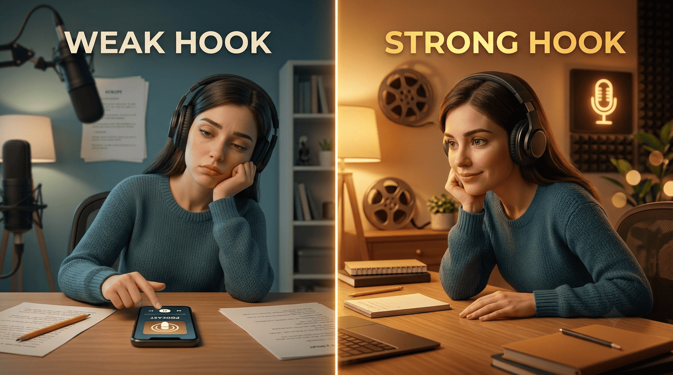 Split-screen comparison of a bored listener skipping a weak hook versus an engaged listener on a strong hook