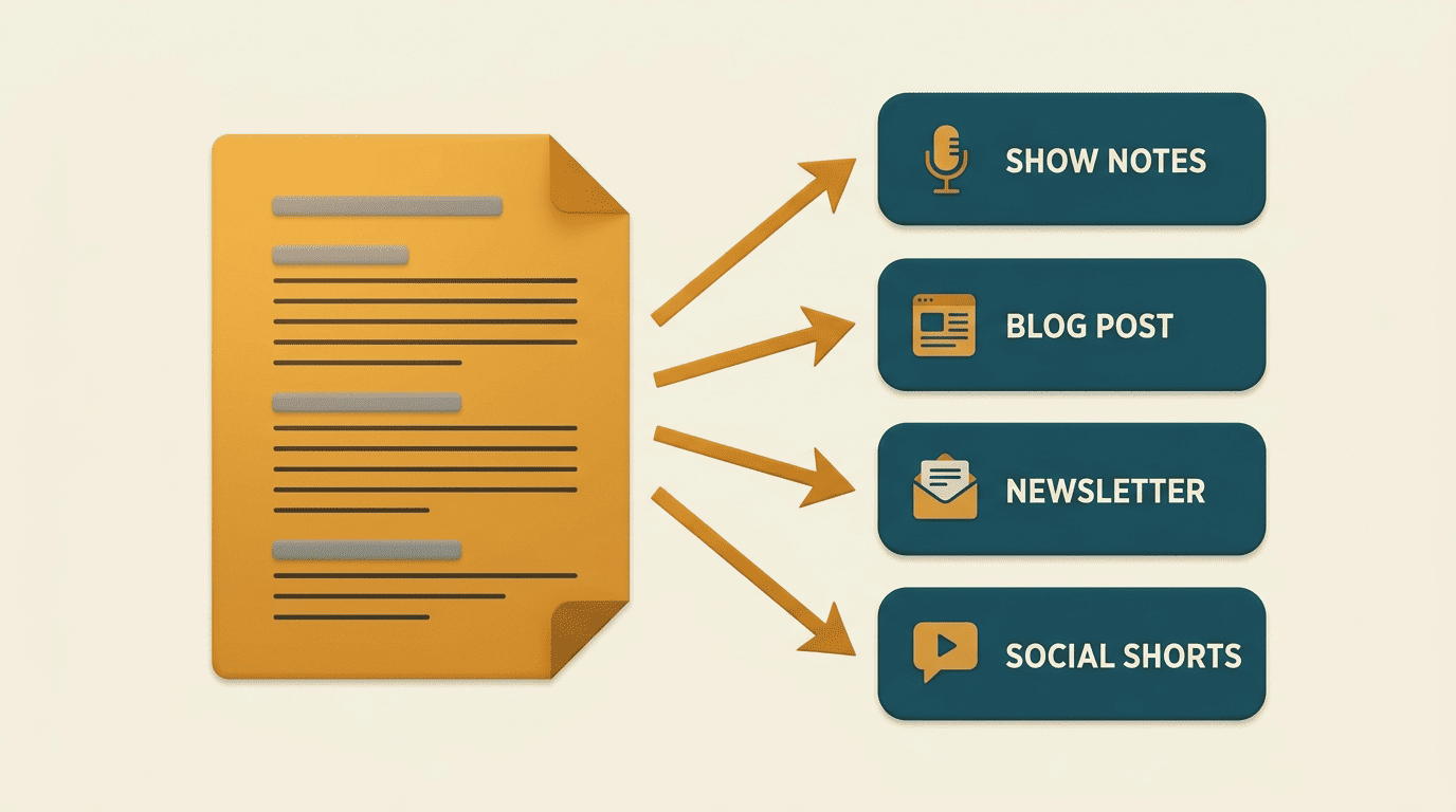 One script page fanning out into show notes, blog post, newsletter and social shorts