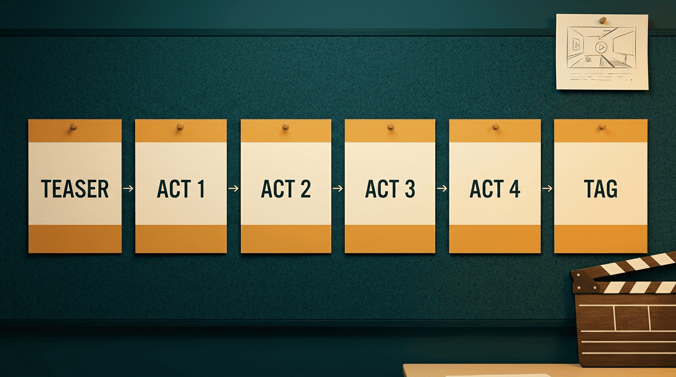Diagram of a network TV pilot structure: teaser plus four acts and a tag