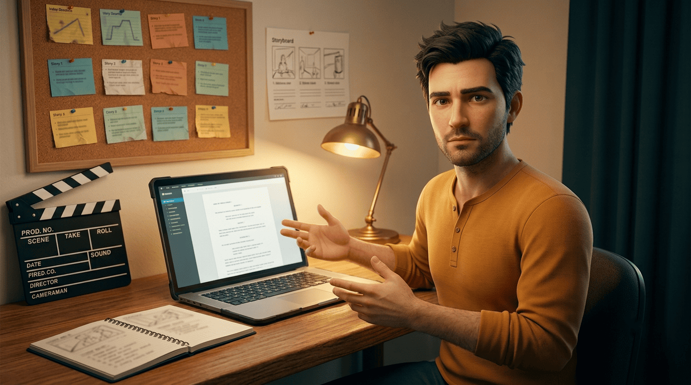 A screenwriter at a warm desk reviewing a properly formatted screenplay on a laptop