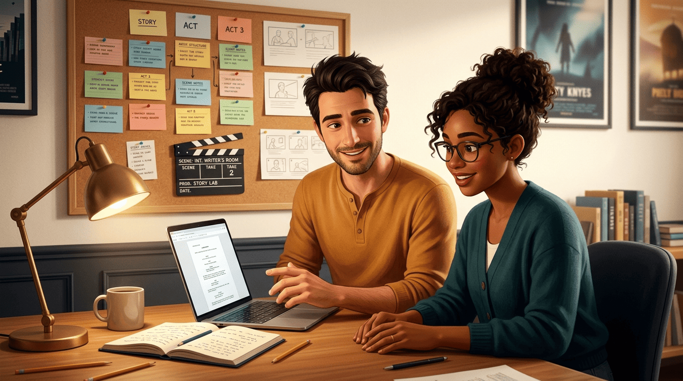 A screenwriting mentor and a writer draft a movie together with a laptop screenplay editor and a corkboard of story beats