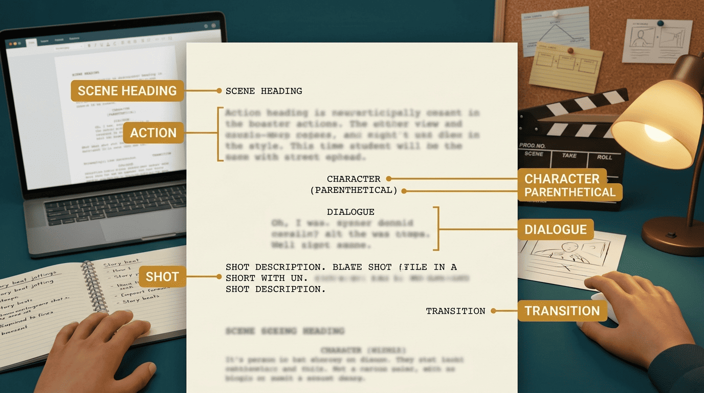A screenplay page labeled with the seven standard line types and their alignment