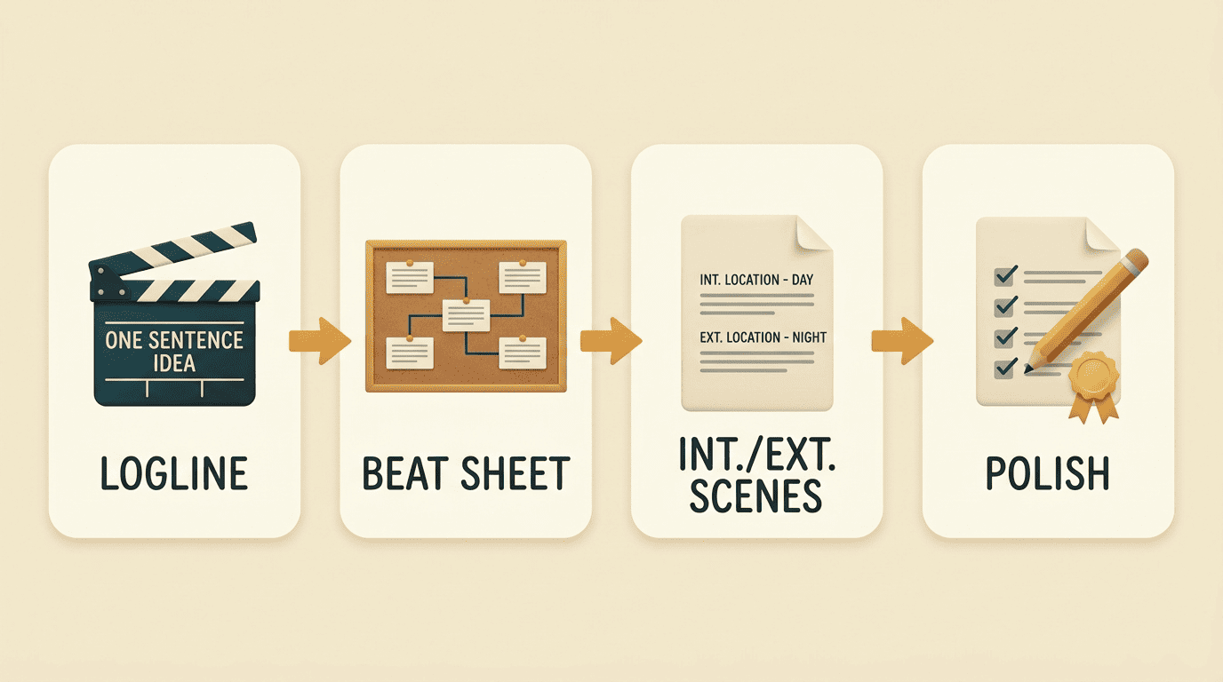 Four-step AI screenwriting workflow: logline, beat sheet, INT./EXT. scenes, polish