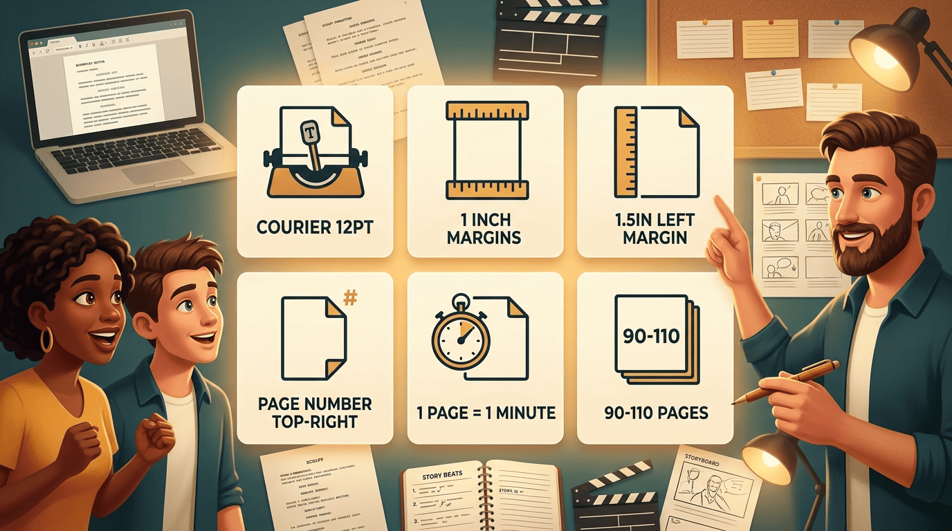 Infographic of screenplay technical specs: Courier 12, one-inch margins, page numbers, page-per-minute