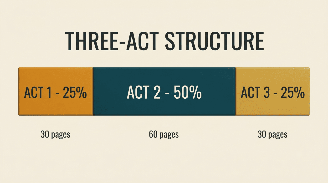 Three-act structure bar showing Act 1 at 25 percent, Act 2 at 50 percent, Act 3 at 25 percent with page counts