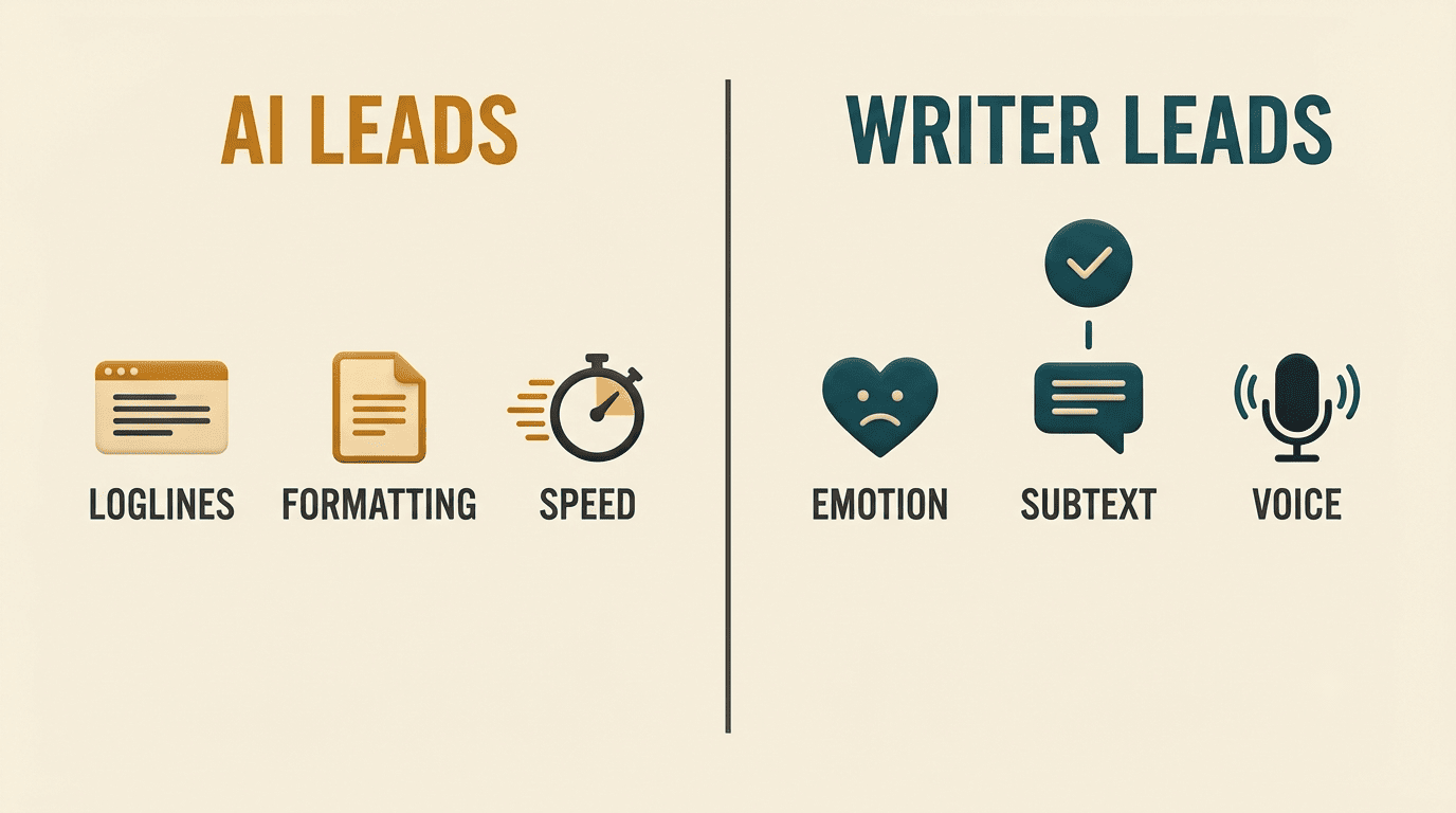 Split comparison of what AI leads on — loglines, formatting, speed — versus what the writer leads on — emotion, subtext, voice