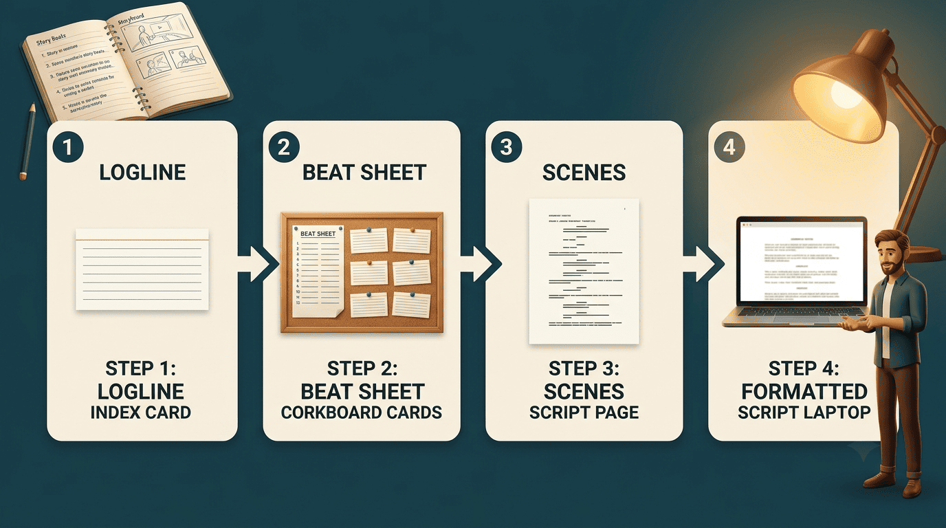 Four-step flow: logline, beat sheet, scenes, formatted script produced by an AI script writer