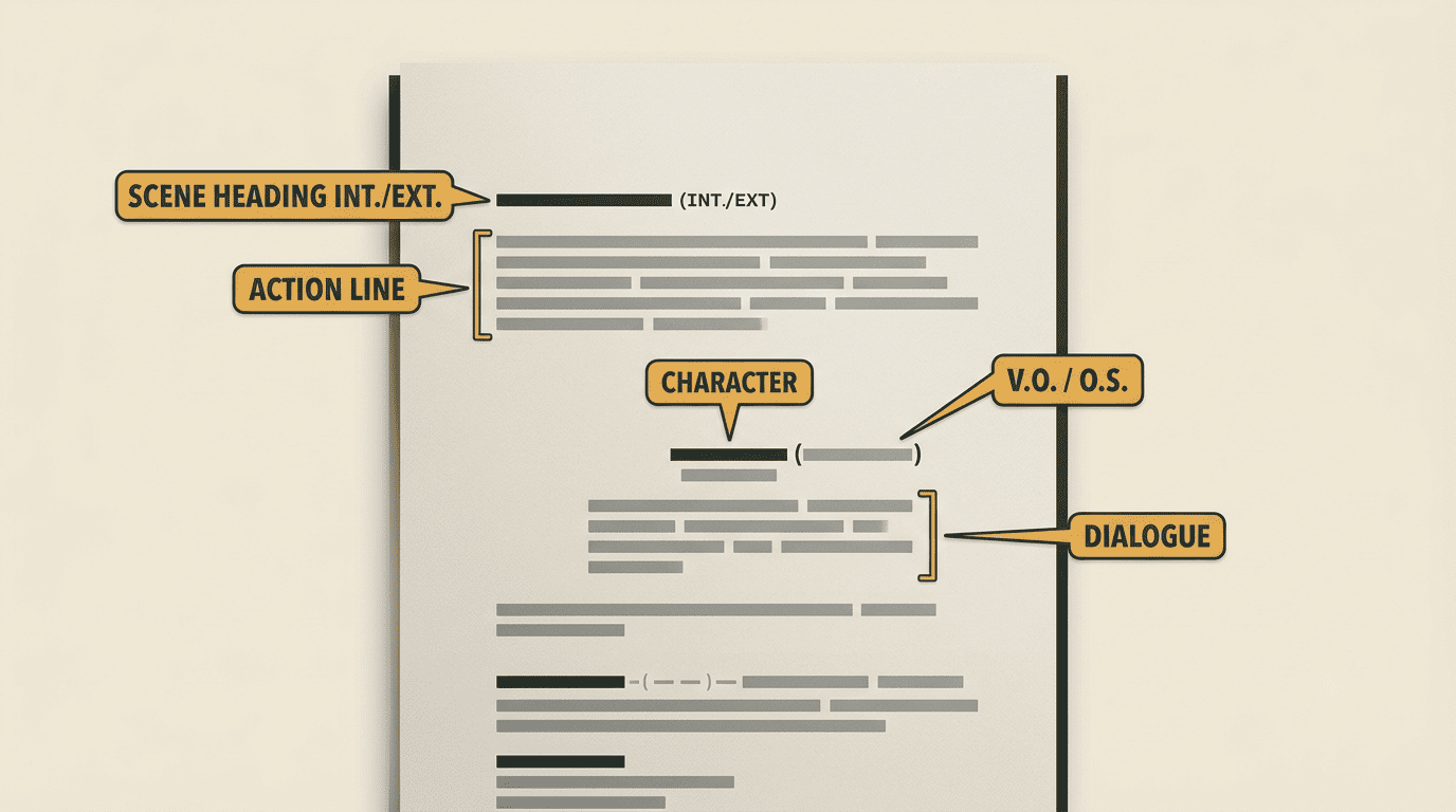 Annotated screenplay page labeling scene heading INT./EXT., action line, character, dialogue and V.O./O.S.