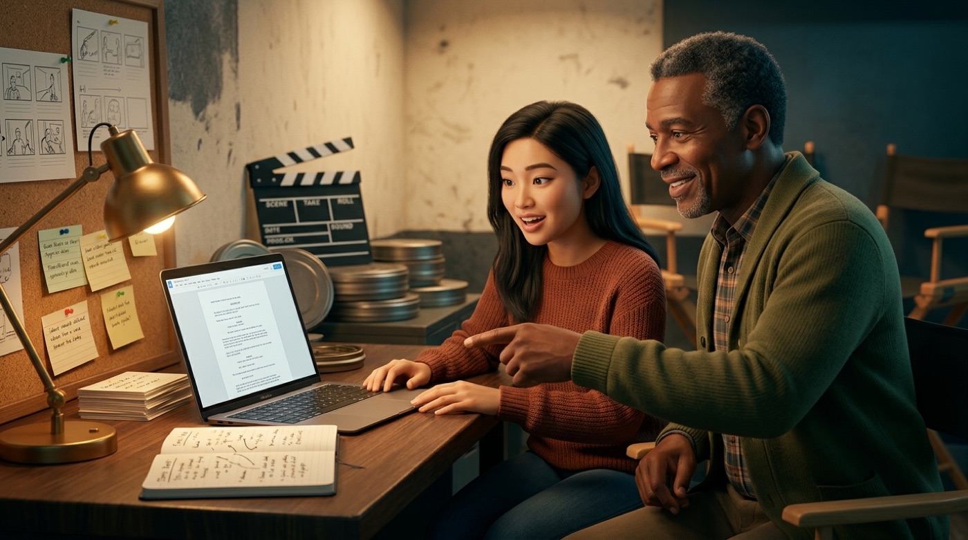 A writer and a mentor writing a movie scene together in a clean screenplay editor