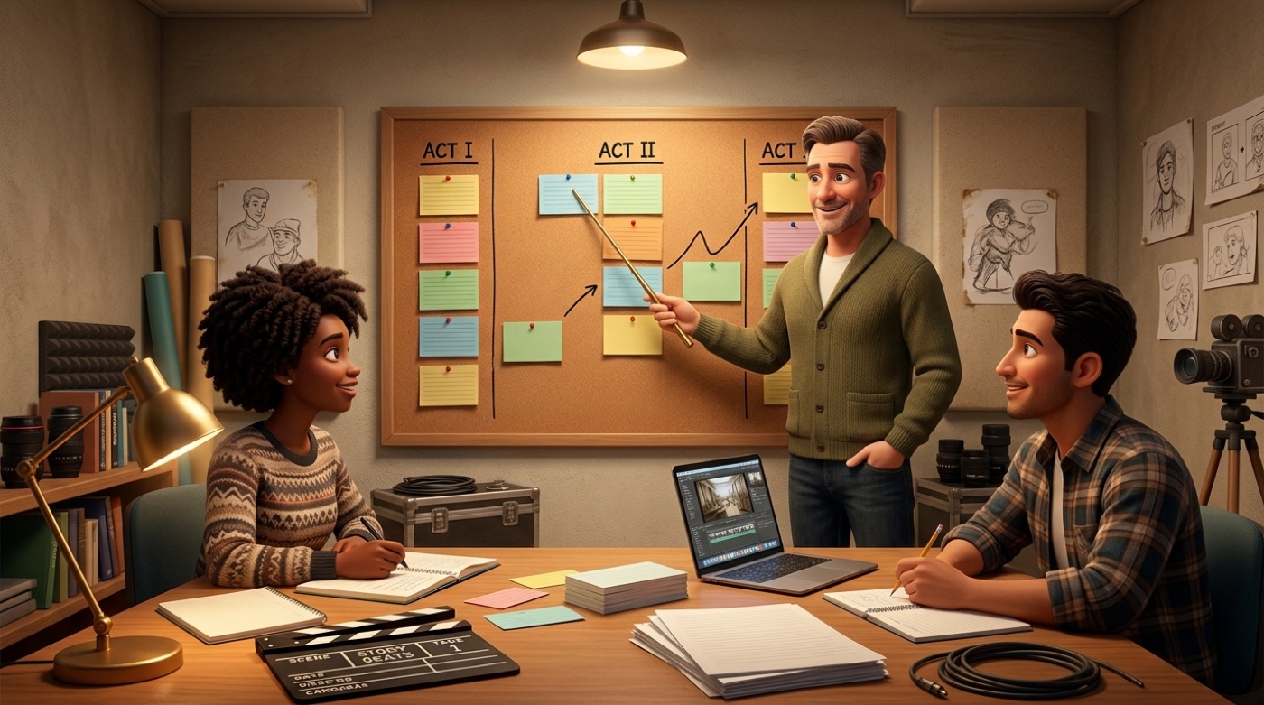 A three-act story structure on a corkboard with index cards and a beat sheet