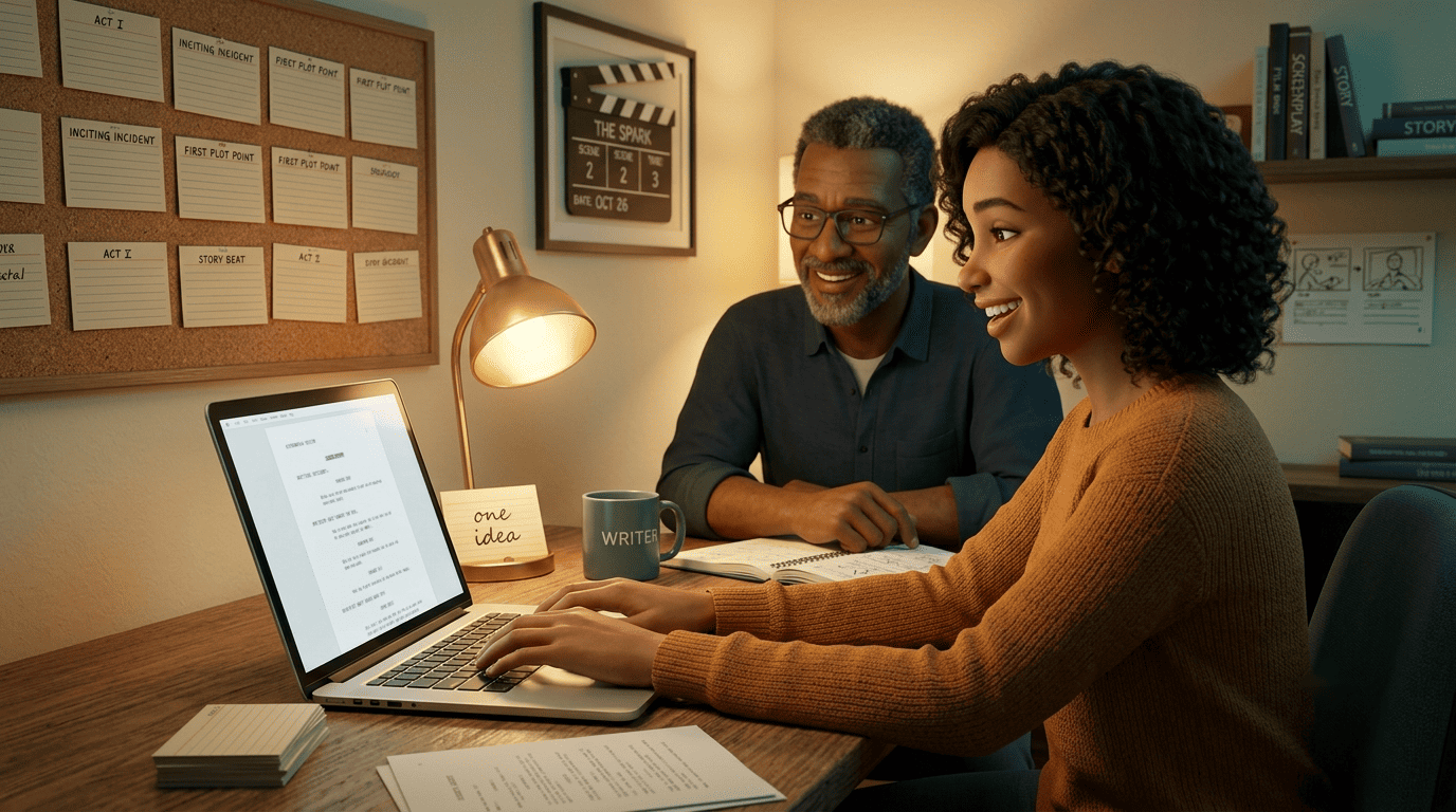 A screenwriter turning a one-line idea into a formatted script on a laptop, a mentor beside her