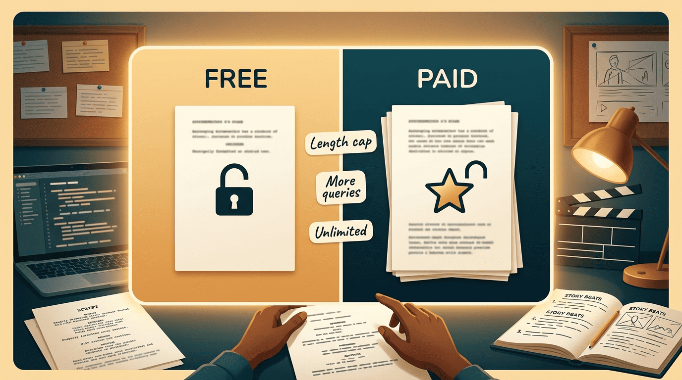 Split comparison of a free script tool versus a paid plan