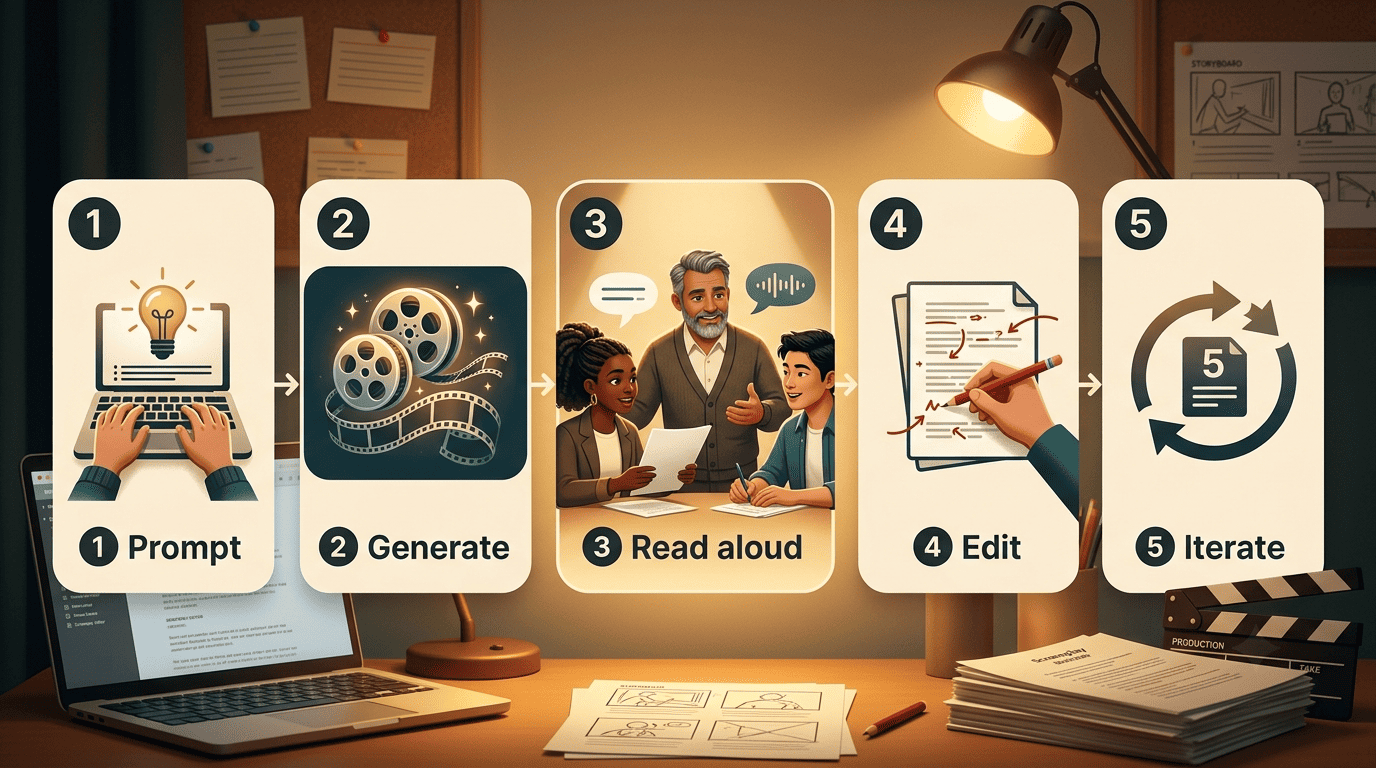 Five-step workflow: prompt, generate, read aloud, edit, iterate