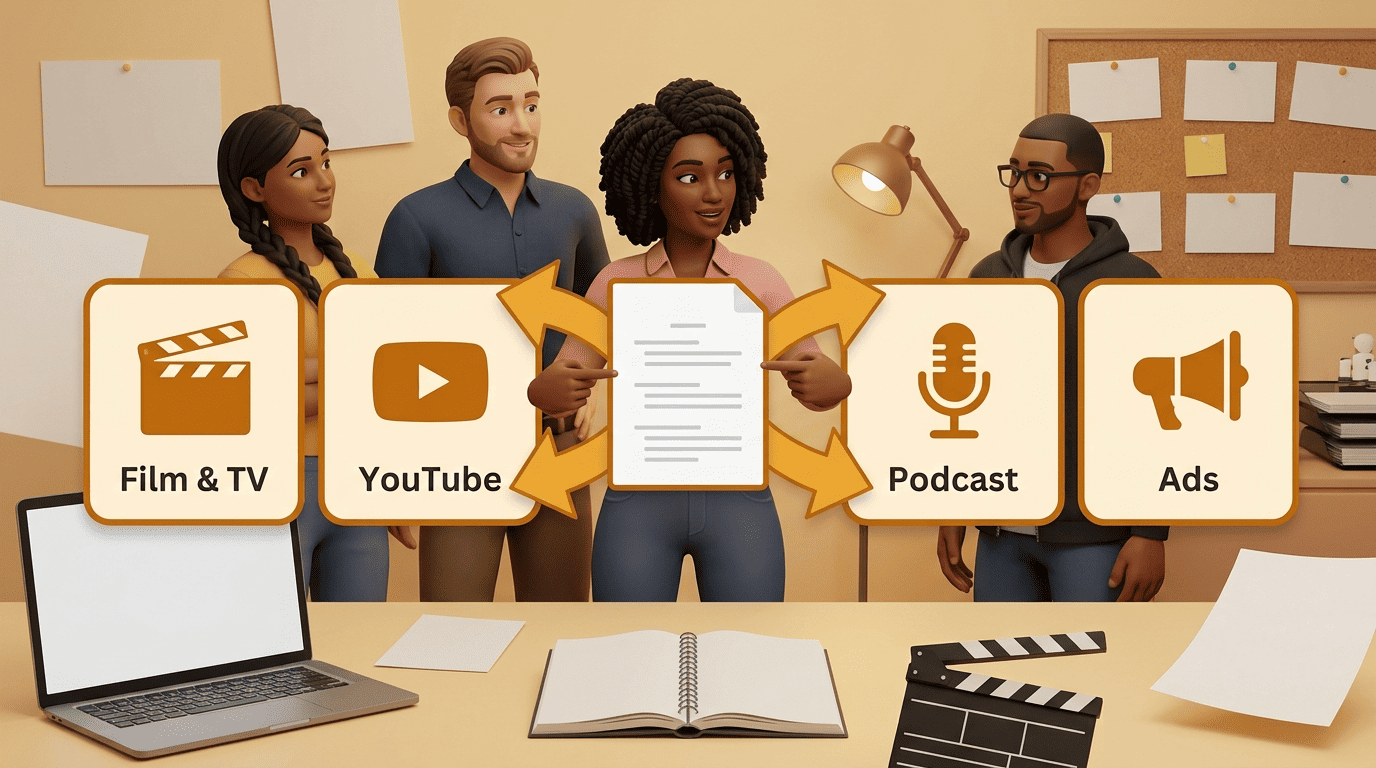 One script page fanning out to film, YouTube, podcast and ad formats
