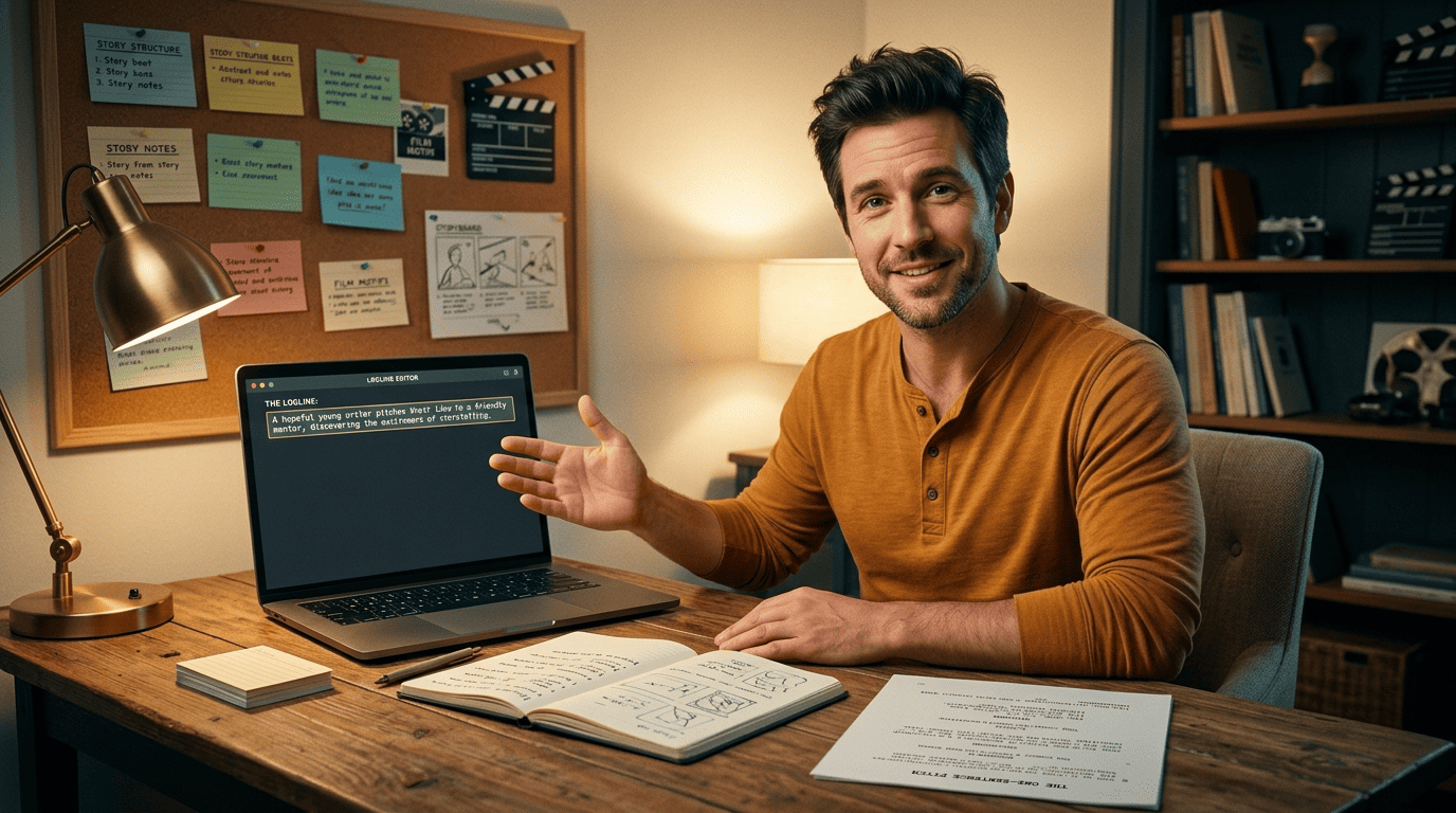 A screenwriting mentor gesturing toward a laptop showing a single highlighted logline line