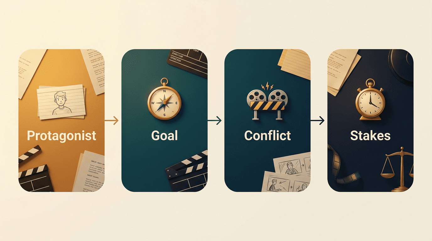 Four-part logline formula diagram: protagonist, goal, conflict, stakes