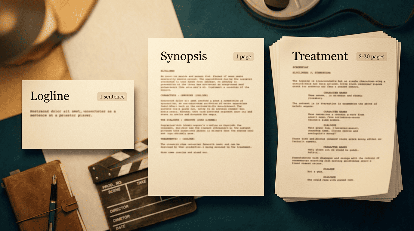 Comparison of a one-sentence logline, a one-page synopsis, and a multi-page treatment