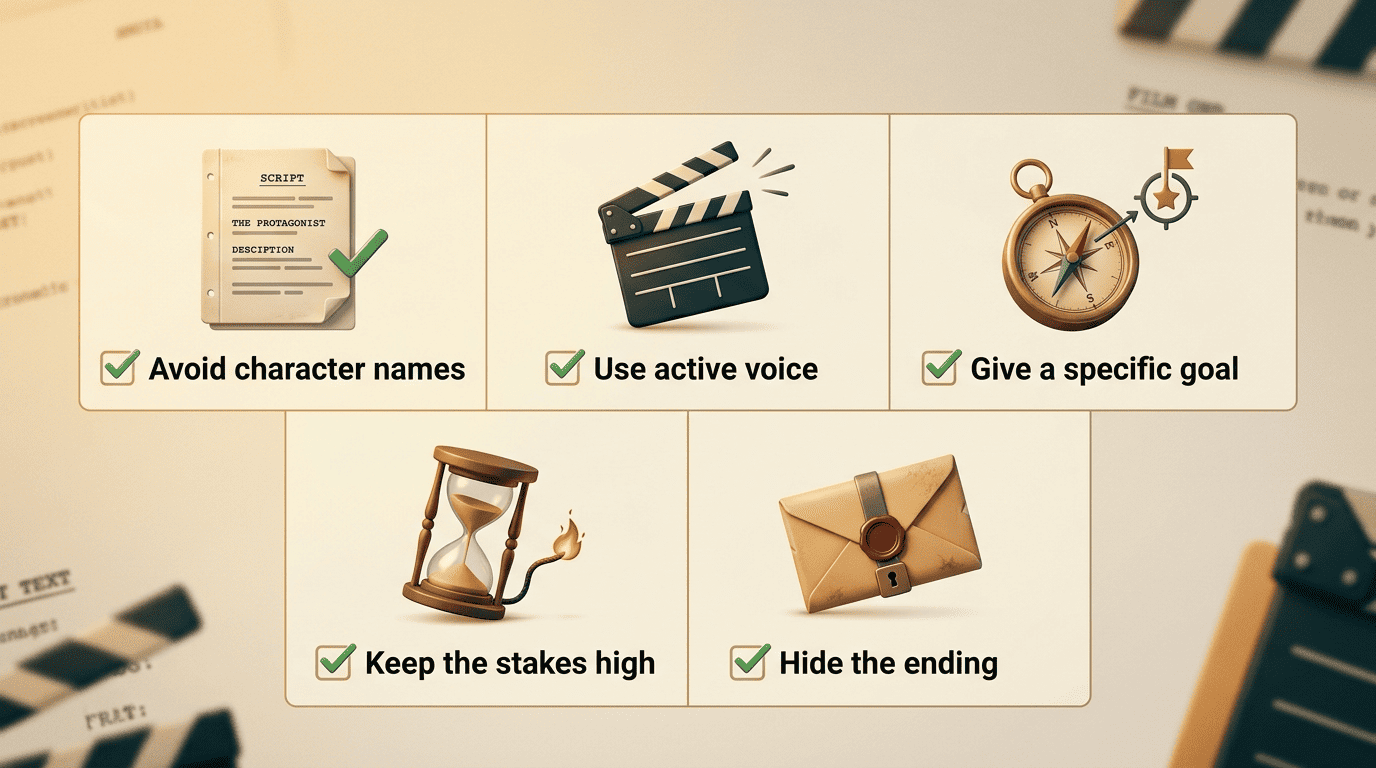 Checklist of five common logline fixes: avoid names, active voice, specific goal, high stakes, hide the ending