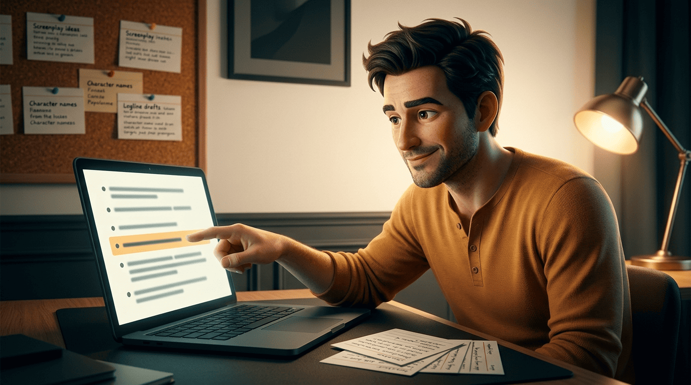 A writer choosing the strongest logline from several AI-generated variations on a laptop
